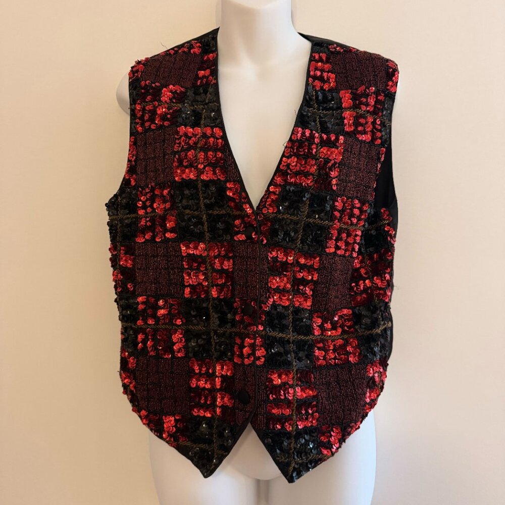 VINTAGE Sequin & Beaded Plaid Vest | Holiday Party Glam | Size S - Picture 3 of 8